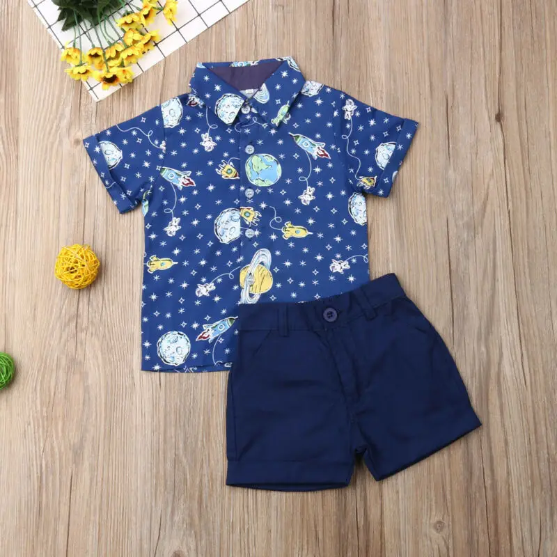 

Baby Boy Kids Wedding Formal Gentleman Suit Cartoon Short Sleeve Shirt Shorts Clothes Sets