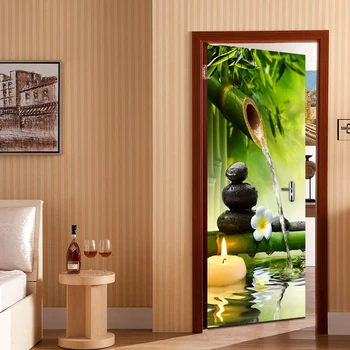 

Self Adhesive Renew 3d Door Sticker Stone Bamboo Flower Print Artwork Home Decoration PVC Poster Waterproof Wallpaper Pictures