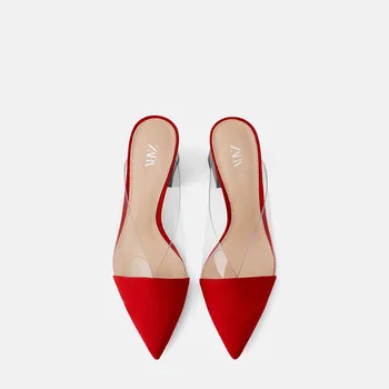 

FAMOUS BRAND SAME Design 2020 Summer Womens Mules Red plastic Red Transparent Pointed Thick Heel Lady shoes