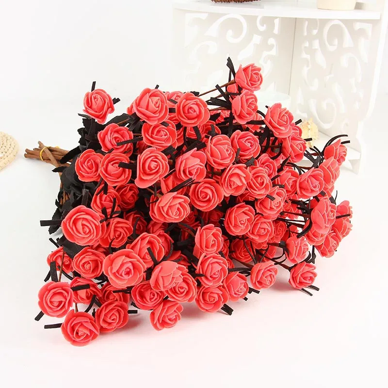15 цветок с головками/Букет искусственных роз PE поддельные цветы с черным листом для свадьбы, украшения дома и сада - Цвет: Красный