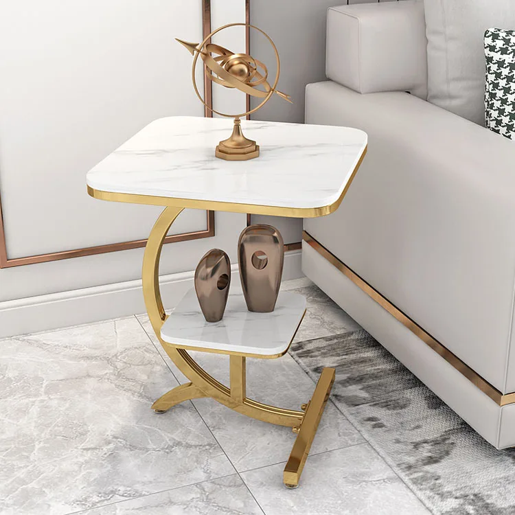 Luxury Marble Sofa Side Table Golden Black Metal Coffee Table Square Small Corner Double Layer Marble High Quality