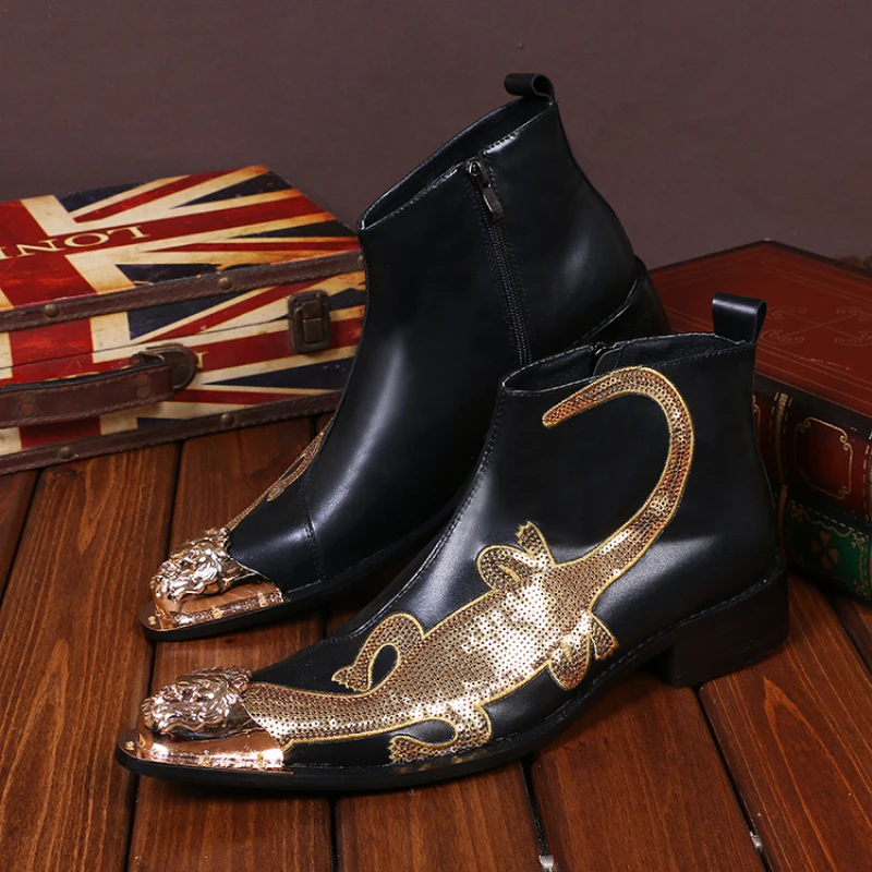 

Christia Bella Winter Fashion Large Size Man Metal Pointed Toe Buckle Carved Short Boots Golden Sequins Male Real Leather Boots