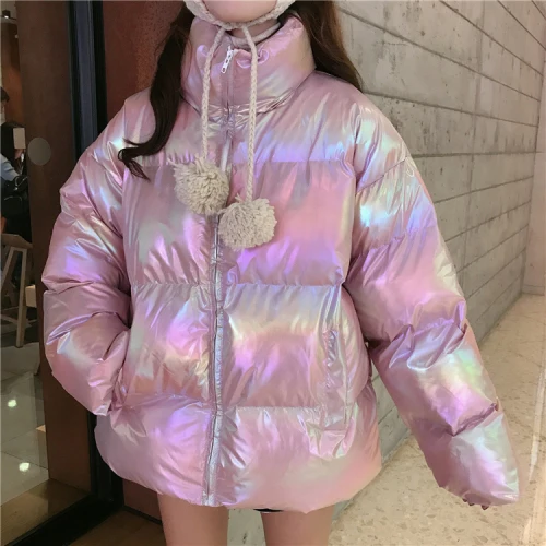 holographic pink Woherb осень зима пуховик для женщин Harajuku парки со стоячим воротником корейский голографический ватник пальто для девочек свободные ватные куртки - Цвет: holographic pink