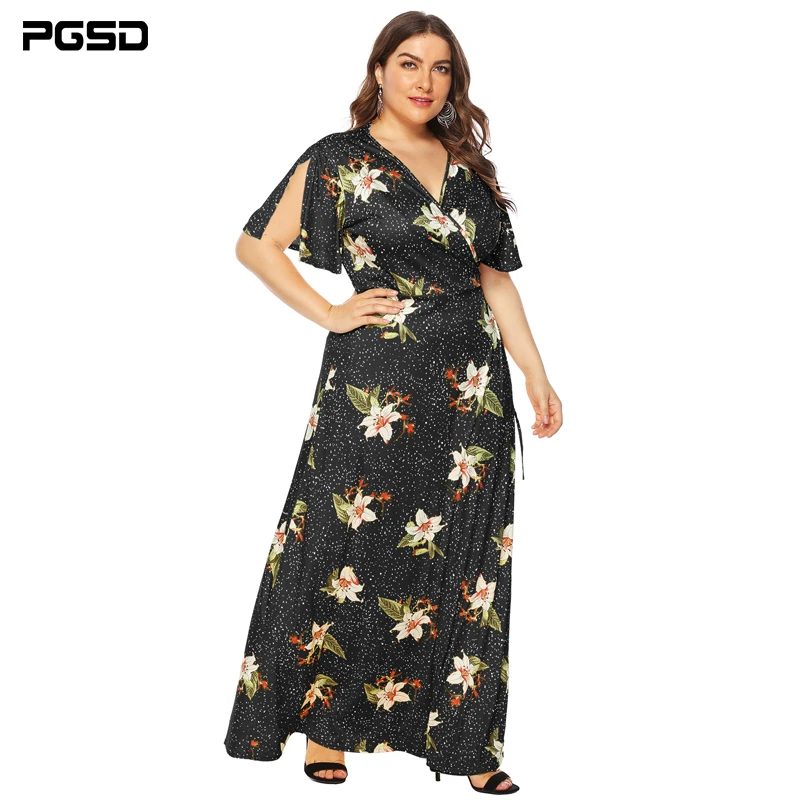 

PGSD Big Size Spring Summer Casual Retro Flower Printing Tie Long Dress Short Sleeve Deep V-Neck Plus Loose Women Clothes 4XL