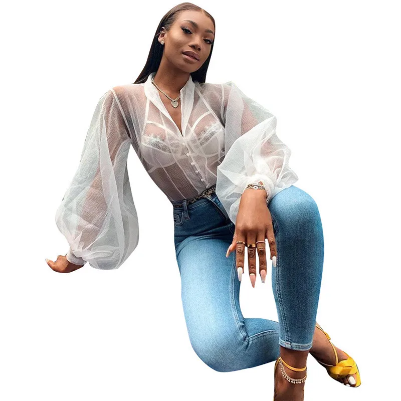 

New See Through Lantern Sleeve Womens Tops and Blouses Sexy Elegant Sheer Shirts Top Ladies Button-up White Chiffon Blouse Femme