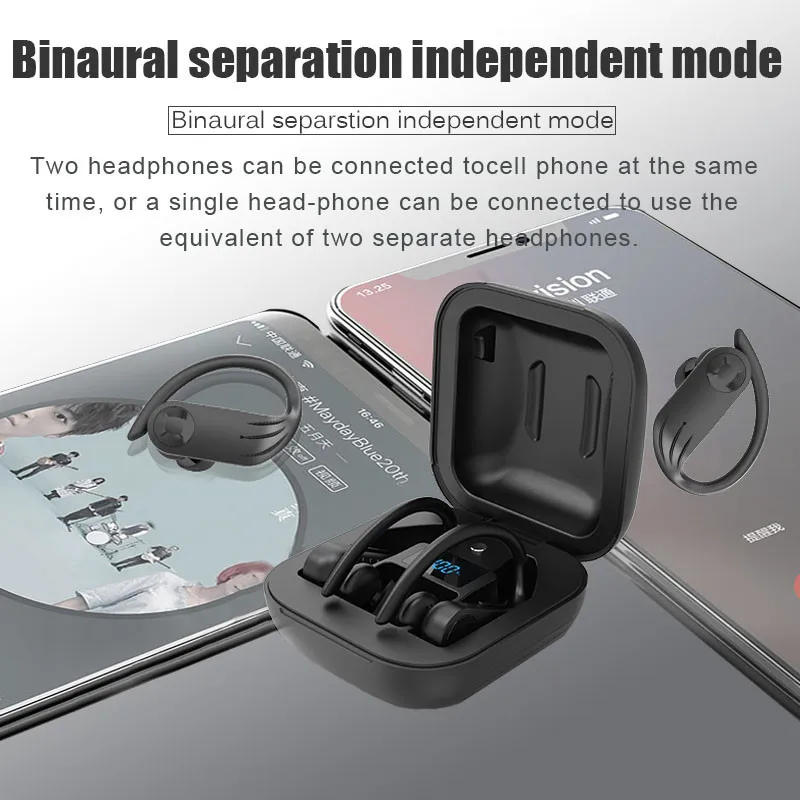 B1 Bluetooth Headphones 5 0 True Wireless Sports Waterproof Earphone Ear Hook Stereo TWS Headset with Digital Display for iphone