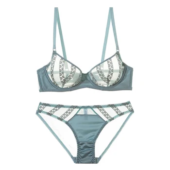 

Sexy Ultra Thin Transparent Mesh Bra Set with Stones Emboridery Underwear French Bra and Panty Set Women Lingerie Summer