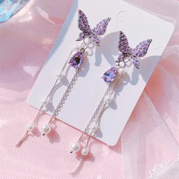 

2020 New Arrival Korean Vintage Purple Crystal Butterfly Long Tassel Women Dangle Earrings Fashion Party Jewelry Gifts