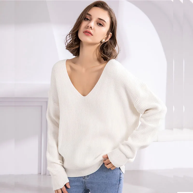 

Women Knitting Sweater Long Sleeves V-neck Irregular Female Casual Solid Fashion Pullover Ladies Autumn Winter Sweaters