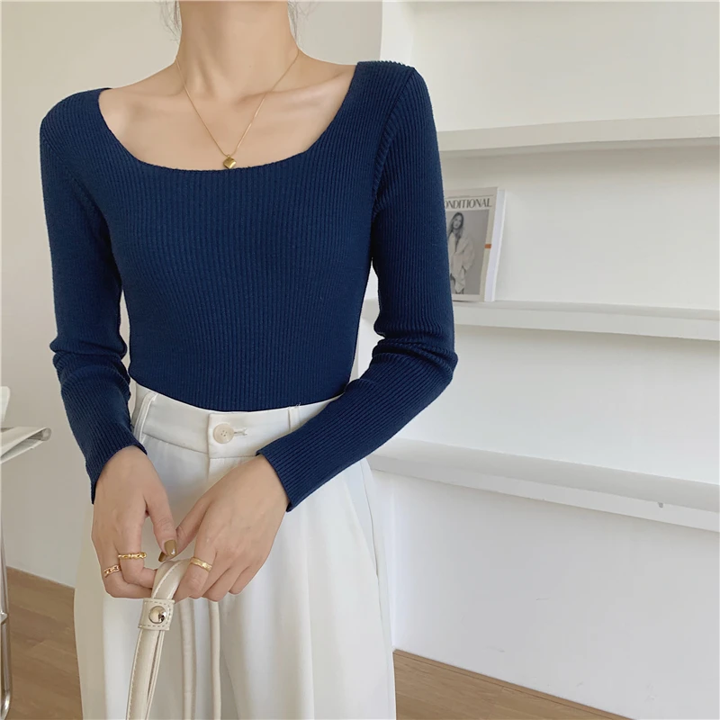 

Women's Elegant Suqare Neck Long Sleeve Slim Sweater Spring Autumn Casual Solid Color Pullover Jumper Lady Basic Sweater