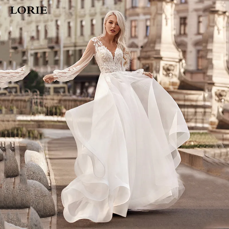 

LORIE A Line Tulle Beach Wedding Dresses Sexy V Neck Long Puff Sleeves Bridal Gowns Appliqued Lace Boho Wedding Party Dress