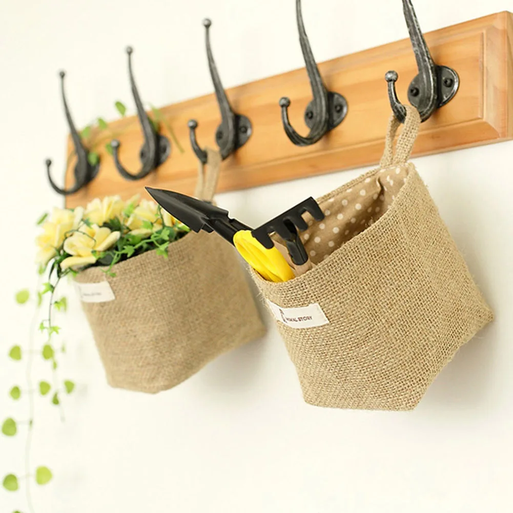 

Small Sack Stripe Dot Hanging bag Jute Cotton Linen Sundries Basket Mini Desktop Laundry Storage Basket Cosmetic bag Home Decor