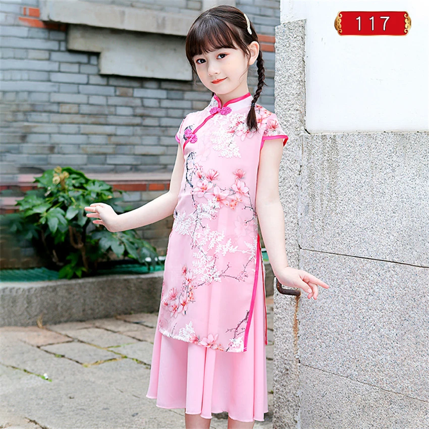 Girl Traditional Chinese Cheongsam Hanfu Dress Kids Princess Costume Wedding Aodai Children Qipao Floral Vestidos Evening Party