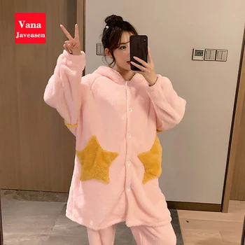 

Vana Javeasen Women Pajamas Set Hoodie Button Long Sleepwear Set Women Nightwear Warm Flannel pijama Tops Pants 2pcs Pajamas