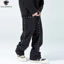 Aolamegs pantalones vaqueros con remaches Punk para hombre, pantalón Harajuku Hipster, informal, holgado, acogedor, recto, Unisex, ropa de calle que combina con todo