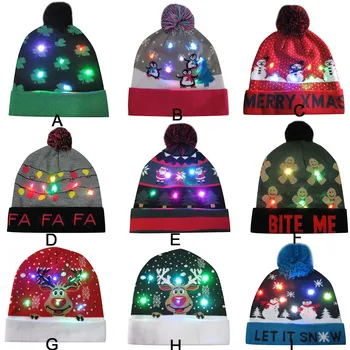 

Colorful Merry Christmas Led Light-up Knit Hat Sweater Beanie Hairball Warm Christmas Cap Gifts For 2021 New Year Decorations