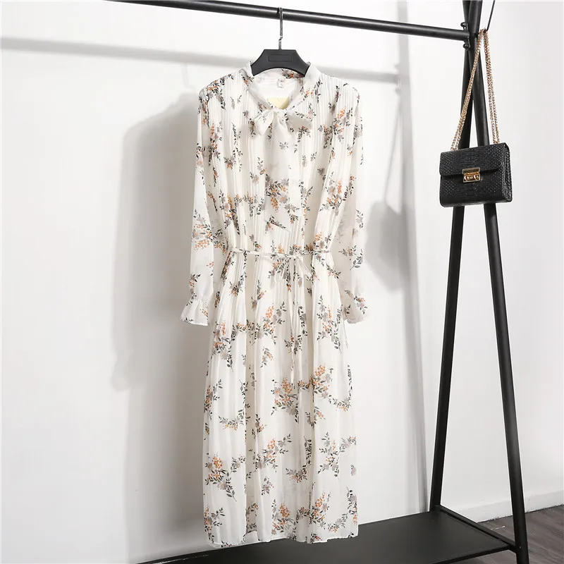 Women Chiffon Dress Spring Autumn Fashion Female Casual Long Sleeve Lace Up Floral Print Pleated Dress Loose Vintage Vestidos