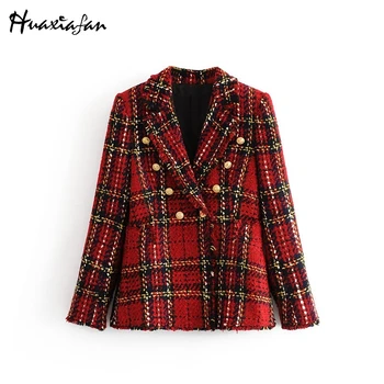 

Huaxiafan Plaid Red Winter Jacket Women Coat Christmas Turn Down Collar Button Decor Long Sleeve Female Office Ladies Outwearing