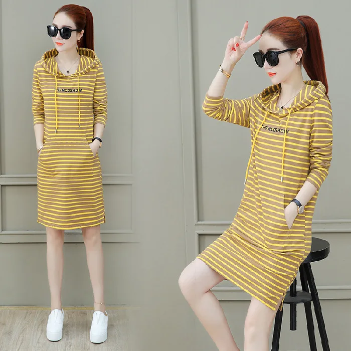 

Hoodie Skirt Women's 2019 Autumn New Style Slimming Mid-length Base Skirt Long Sleeve Stripes Women's Full Body Dress