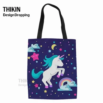 

THIKIN Kawaii Unicorn School Tote Bag For Girls Foldable Canvas Schoolbag Teenagers Shoulder Bags Large College Book Satchel