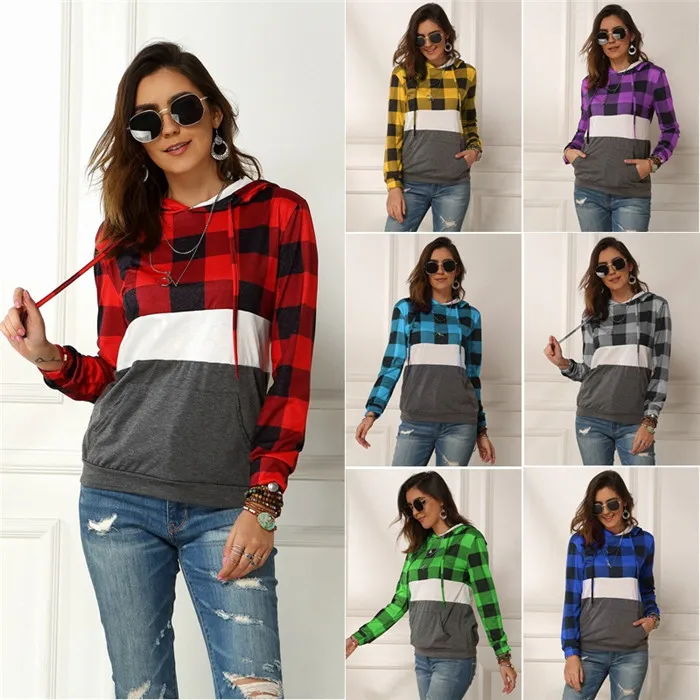 

Plaid Print Women Hoodies Long Sleeve Autumn Designer Fashion Solid Color Spring New Style Casual Apparel
