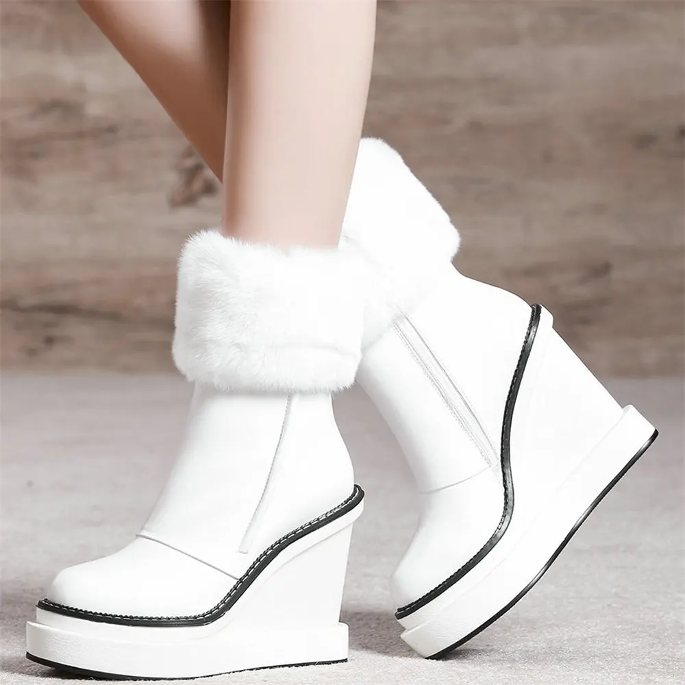 

Winter Fashion Sneakers Women Genuine Leather Wedges High Heel Ankle Boots Female High Top Warm Rabbit Fur Platform Pumps Shoes