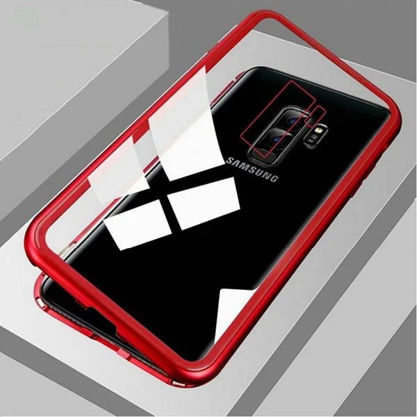 Магнитный металлический закаленное Стекло Cas для samsung Galaxy S10 S9 S8 плюс S7 край A50 A70 A10 A40 A30 Note 8 9 10 Pro A7 A9 Coque - Цвет: Clear With Red