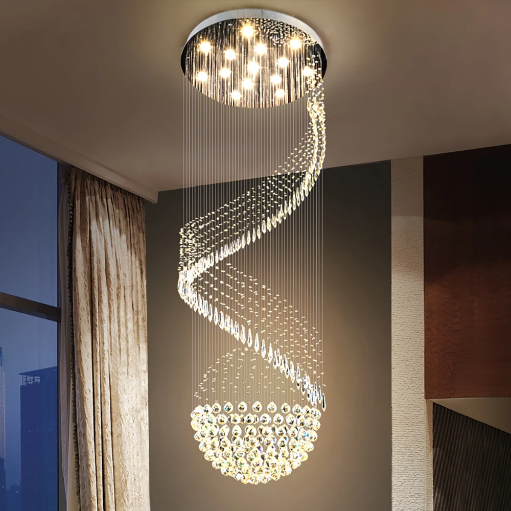 

Modern Staircase LED Crystal Chandeliers Lighting Fixture for Hotel Lobby Foyer Ball Shape Rain Drop Loft Long Hanging Lamp