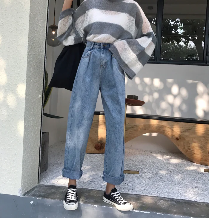 Loose Vintage Woman Jeans Autumn Bleached Casual Boyfriend Curl Denim Wide Leg Pants Oversize High Waist Jean