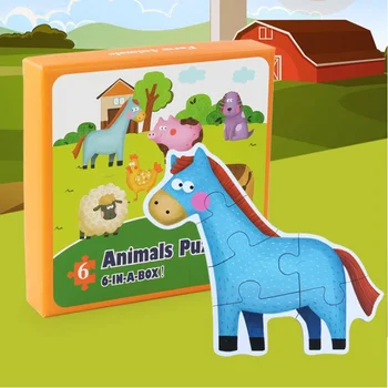 

6 in 1 Boxed Jigsaw Puzzle for Kids Wooden Animal Traffic Pattern Puzzles Education Toy Birthday Gift for Children