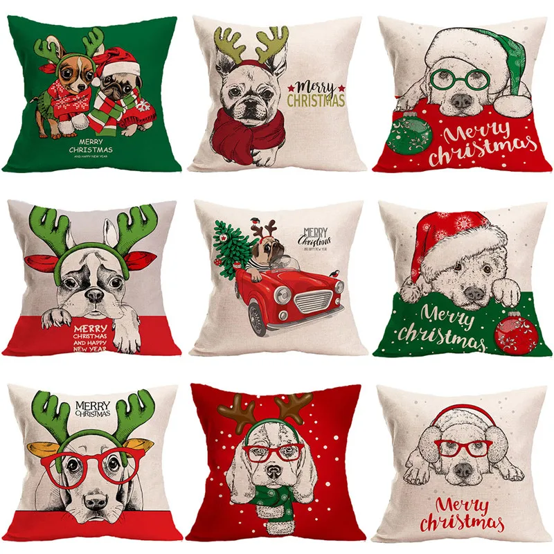 Xmas Elk Dog Decorative Pillow Case for Christmas Decoration Home Textile Living Room Bedroom Pillow Case Cover 45*45cm Gifts