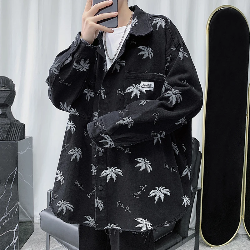 Great Value Leaf Denim Jacket Men's Fashion Printed Casual Denim Jackets Mens Streetwear Wild Loose Hip Hop Bomber Jacket Men Outwear