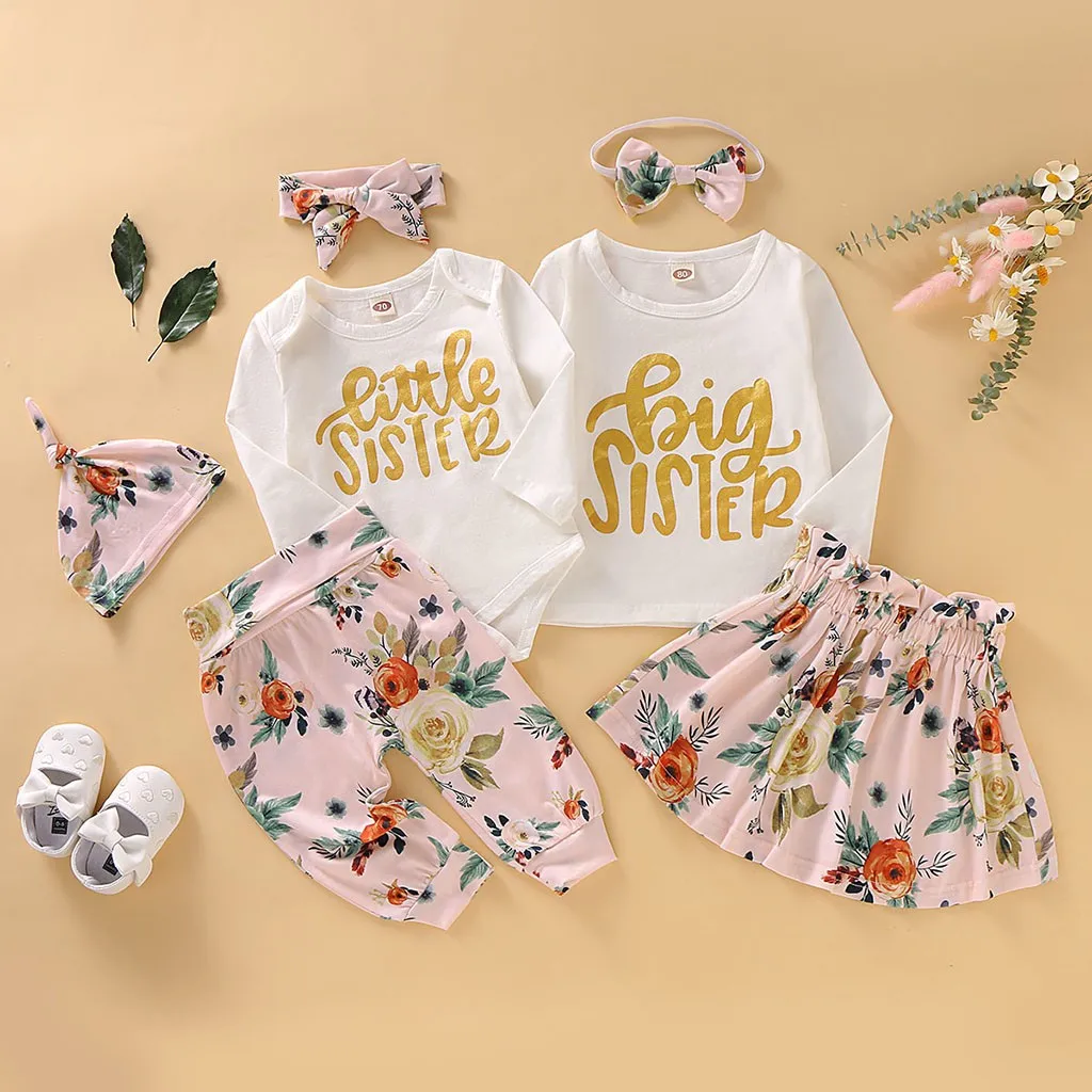 

Toddler Baby Girls Long Sleeve Letter Romper/Top+Floral Pants/Dress+Hat+Headbands Set Suit 2Pcs Children Clothes Suits 2019