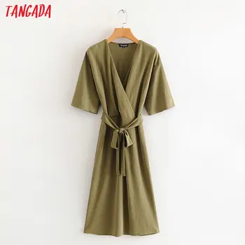 

Tangada Women solid amy green long jumpsuit short Sleeve v neck bow tie female casual Jumpsuit HY35