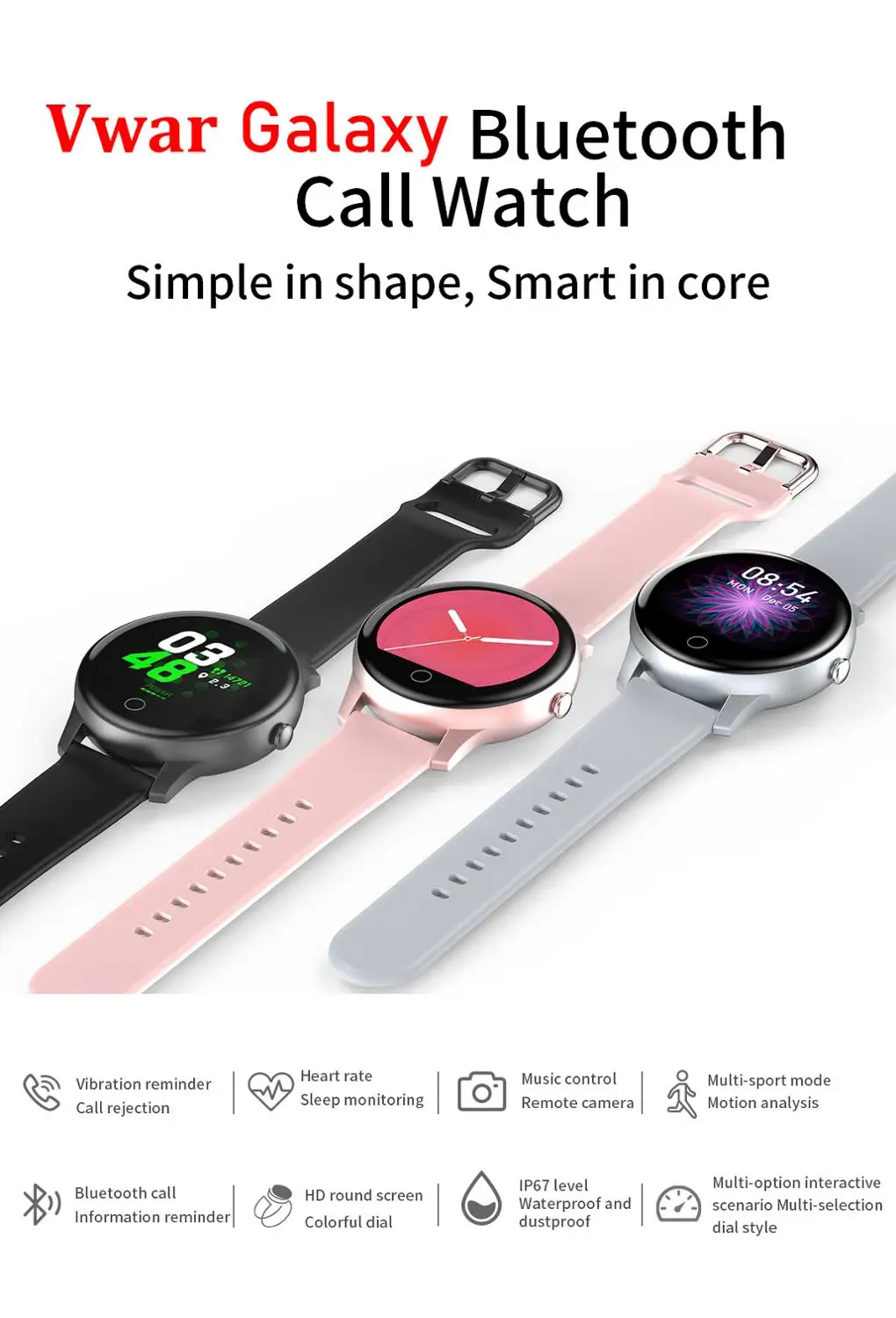 Vwar Galaxy Smart Bluetooth Call Watch IP67 Waterproof with Siri Heart Rate Blood Pressure Fitness Smartwatch for Samsung IOS