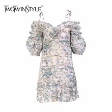 TWOTWINSTYLE, сексуальные платья с открытыми плечами, женские, без бретелек, фонарь, половина рукава, пэчворк, с рюшами, платье с принтом, женское,, лето, Новинка