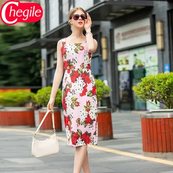 

New Summer Women Dress 2020 European Sleeveless Spaghetti Strap Floral Print Elegant Slim Runway Dress