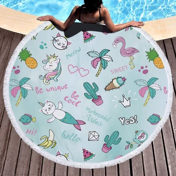 

Cartoon Unicorn Cactus Beach Towels Kids Girl Shawl Fringe Microfiber Round Fabric Bath Towels For Living Room Home Decor