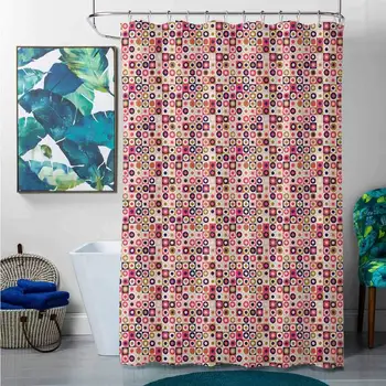 

Shower Curtains Sets Geometric,Grid Design Checkered Squares with Colorful Bullseye Circles Doodle Style Image, Multicolor,W69 x