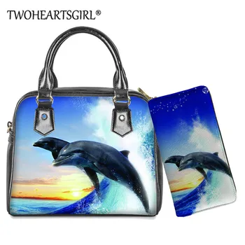 

Twoheartsgir Dolphin Handbag Ladies Aquatic Creatures Print Shoulder Bags Casual Women Tote Bag Leather Purse Crossbody Bag