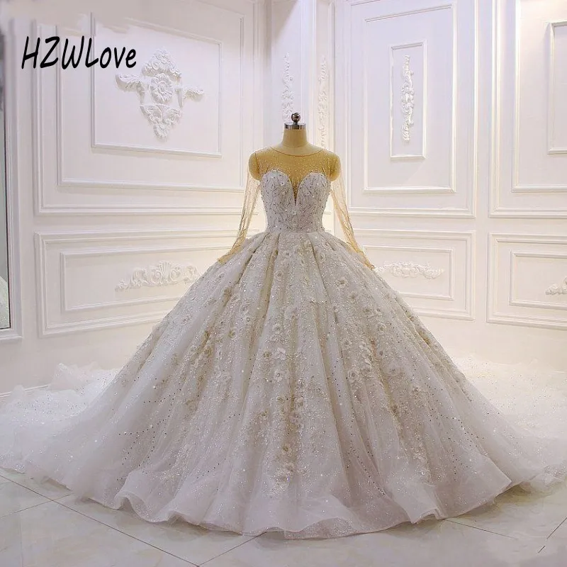 

Luxury Ball Gown Wedding Dresses Sheer Neckline Illusion Full Sleeves vestido de noiva Lace Appliques Sequins Beads Bridal Gown