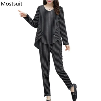 

L-5xl Plus Size Striped Two Piece Sets Outfits Women Long Sleeve Tops And Pants Suits Casual Office Elegant Korean Matching Sets