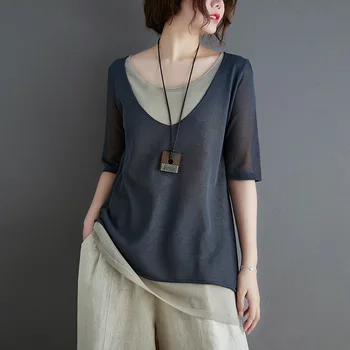

Spring / Summer 2020 Korean version fake two pieces large size knitted female fat mm loose loose thin T-shirt