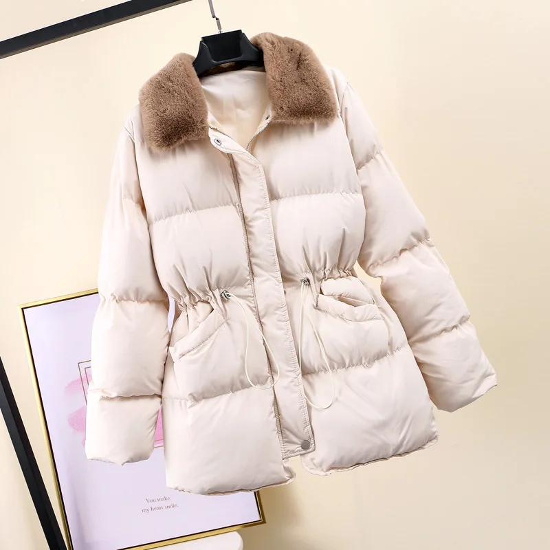 

A11 Autumn And Winter New Style 2018 down Cotton Coat Drawstring Waist Hugging Korean-style Berber Fleece Fur Collar Cotton Over