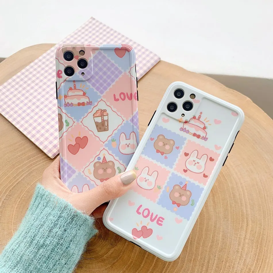 

For iPhone 11 Pro XS Max XR X Case Cute Cartoon ins Bear Bunny Cake Pattern Case For iPhone 8 7 Plus Soft IMD Shockproof Cover