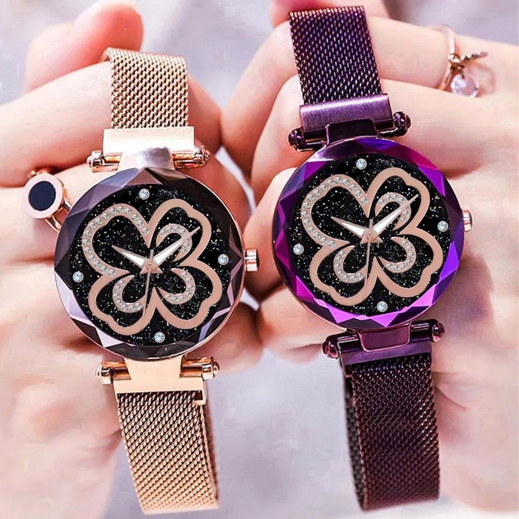 

New 2019 Luminous Ladies Dress Quartz Watches Luxury Rhinestone Women Golden Clover Popular Stainless Steel Magnet Wristwatches