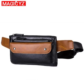 

Men's high quality leather waist bag Retro Hit color fanny pack for male Flip outdoor belt bag fashion boy's tether chest bag