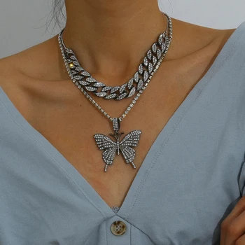 

HOT Statment Big Butterfly Pendant Necklace Rhinestone Chain for Women Bling Tennis Chain Crystal Choker Necklace Jewelry