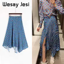 Новая женская юбка макси с принтом элегантная Высокая талия Милая Женская длинная юбка осенние гофрированные Асимметричные женские юбки