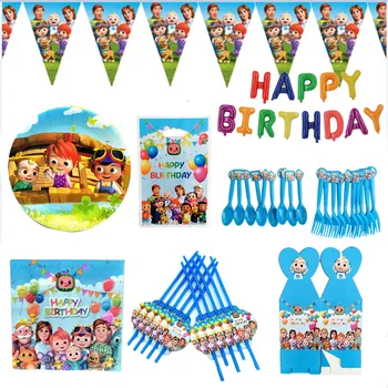 

Cocomelon children's party supplies disposable tableware set plate pull flag baby birthday party decoration Tablecloth Paper Cup